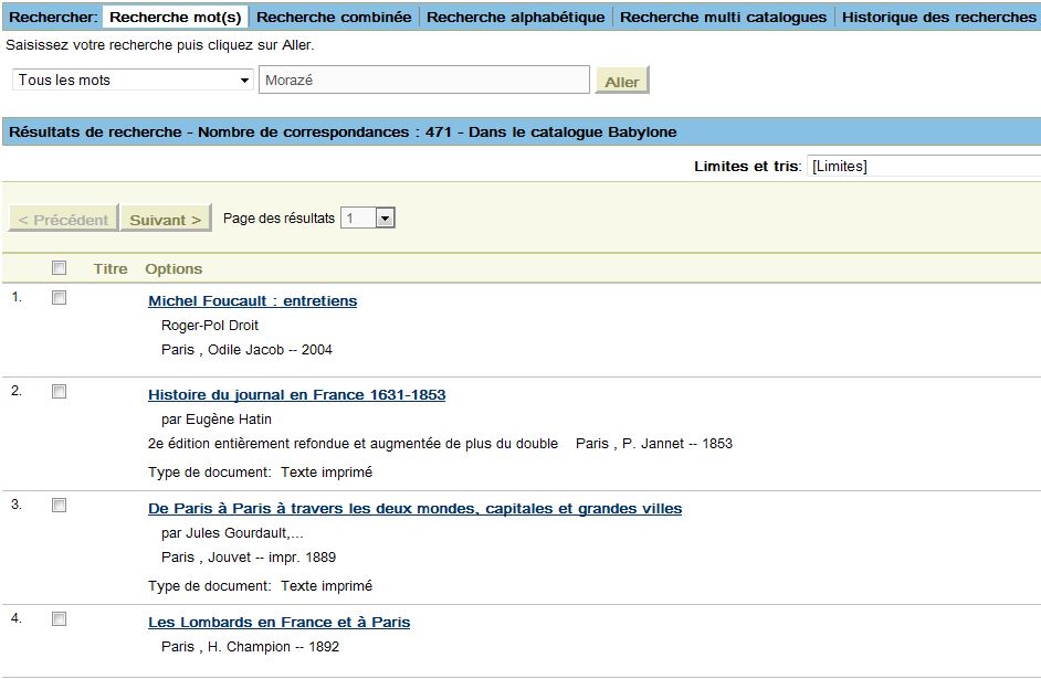 Résultat d'une requête similaire effectuée dans le catalogue Babylone de la bibliothèque de la FMSH