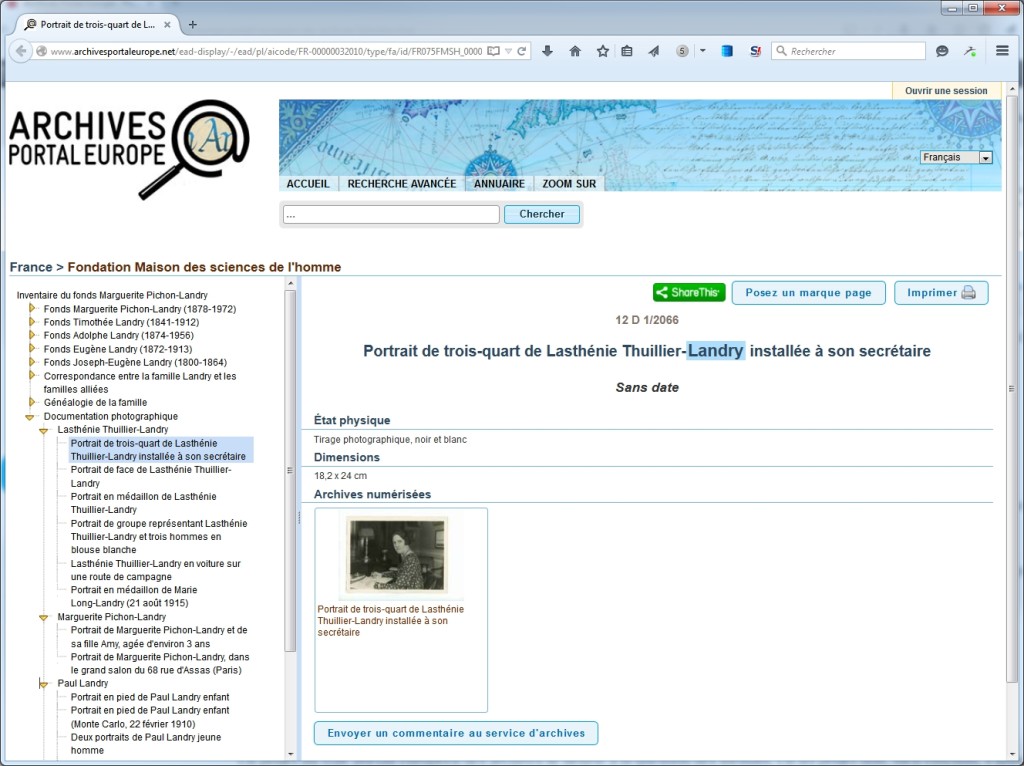 Exemple de description avec vignette dans le portail européen des archives